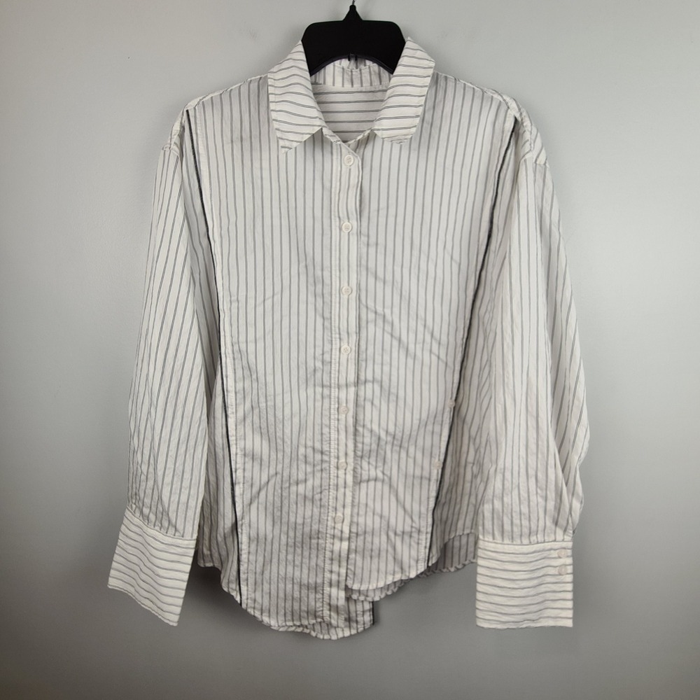Zara White Black Pinstripe Oversized Asymmetrical Button Down Shirt Large